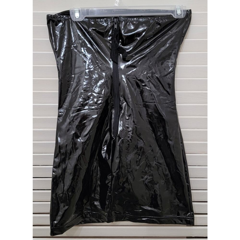 Dolls Kill Darker Wavs Black Patent Leather Latex Look Mini Dress - Picture 3 of 8